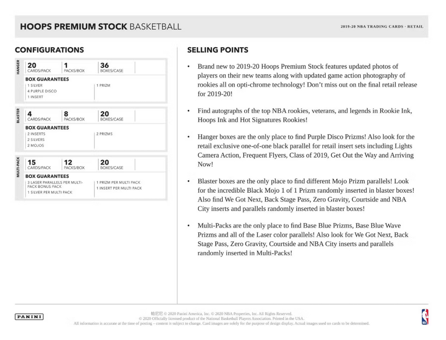 2019-20 Panini Hoops Premium Stock Basketball Hanger Box